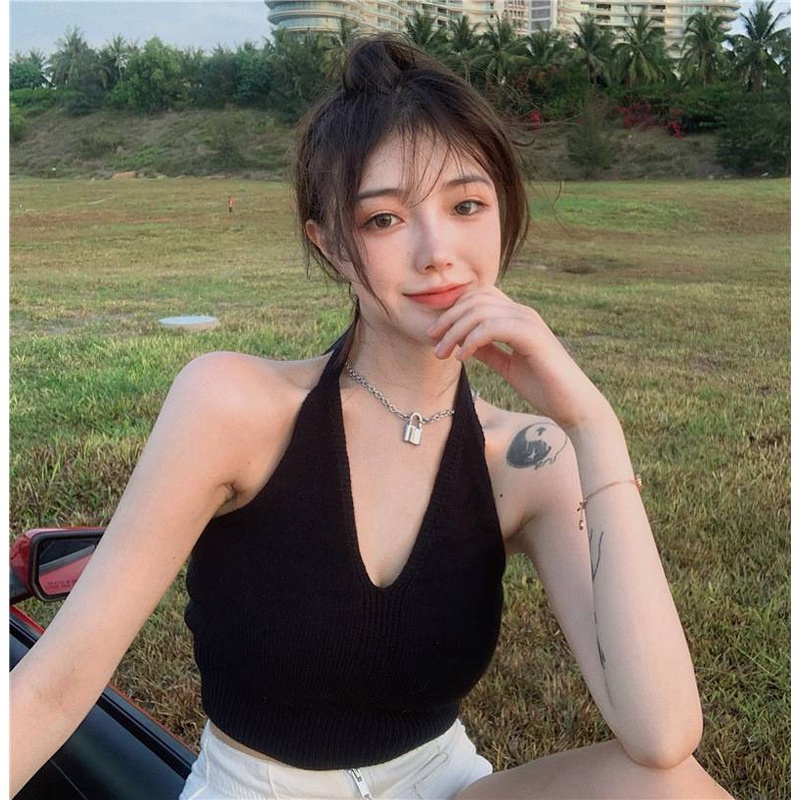 Áo hai dây dệt kim dáng ngắn hở lưng cột dây màu trơn thời trang mùa hè quyến rũ cho nữ