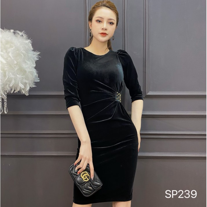 CRYS Váy nhung ôm cổ tròn eo đính ngọc, váy nhung nữ body thời thượng - SP239 | BigBuy360 - bigbuy360.vn