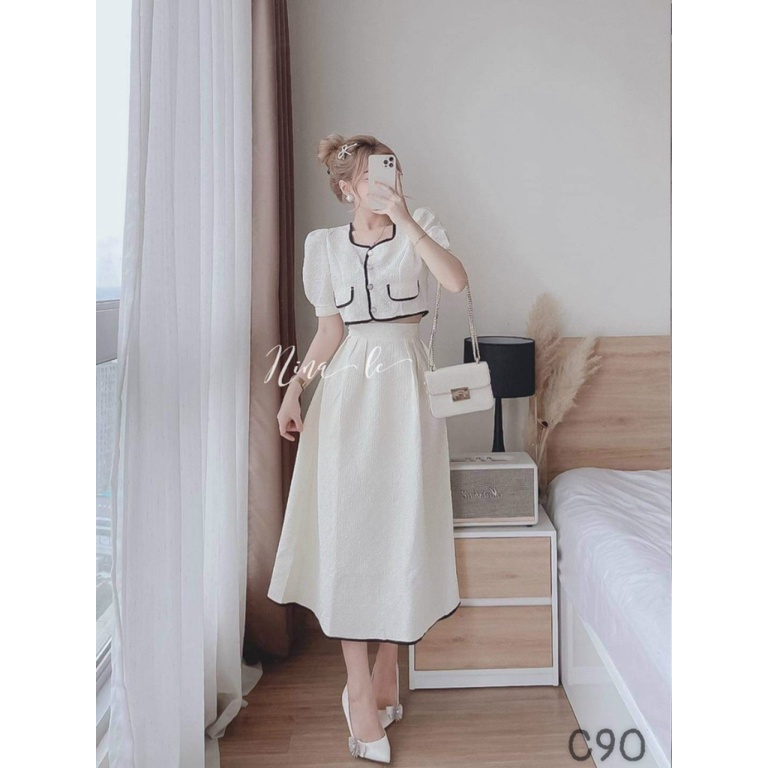 SÉT VÁY XỐP NHẬT Phối Viền Màu Trắng Tinh Khôi Lịch Thiệp Sang Trọng