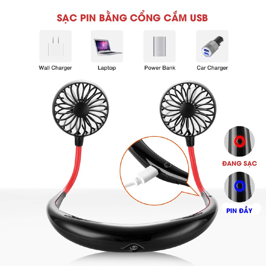 Quạt đeo cổ 2 đầu xoay 360 độ sạc pin tiện lợi