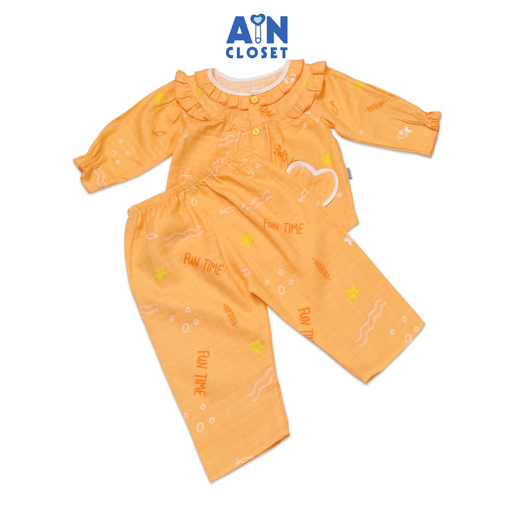 Bộ quần áo dài bé gái họa tiết Cổ bèo vàng túi tim xô sợi tre - AICDBG13ZYOI - AIN Closet