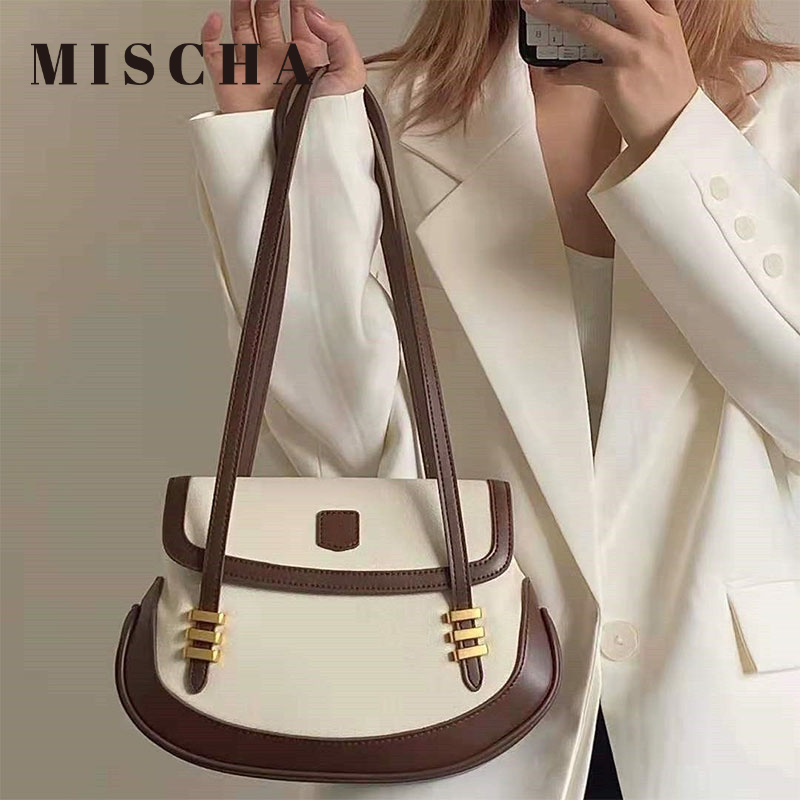 Mischa Túi Đeo Vai Bằng Da PU Màu Tương Phản Phong Cách retro Pháp Thời Trang Sang Trọng Dễ Phối Đồ