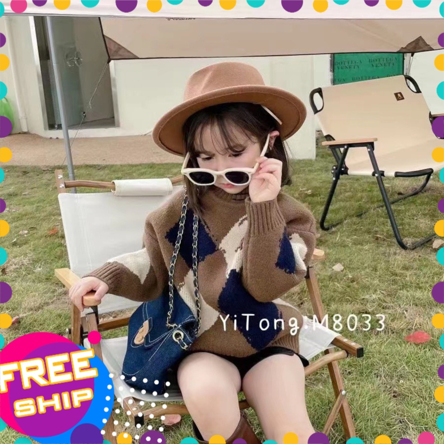 Áo len lông cừu bé gái 4-10 tuổi hình quả trám phối màu, Áo len cho bé phong cách Hàn Quốc đanh sợi