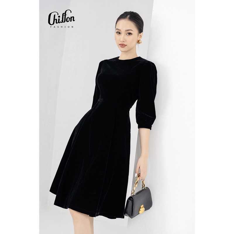 Váy nhung công sở nữ dáng xòe tay bồng thiết kế Chiffon FFX
