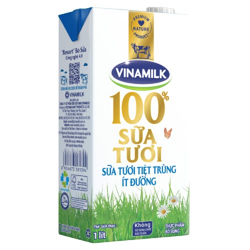 Sữa tươi tiệt trùng Vinamilk 100% Ít đường hộp 1 L