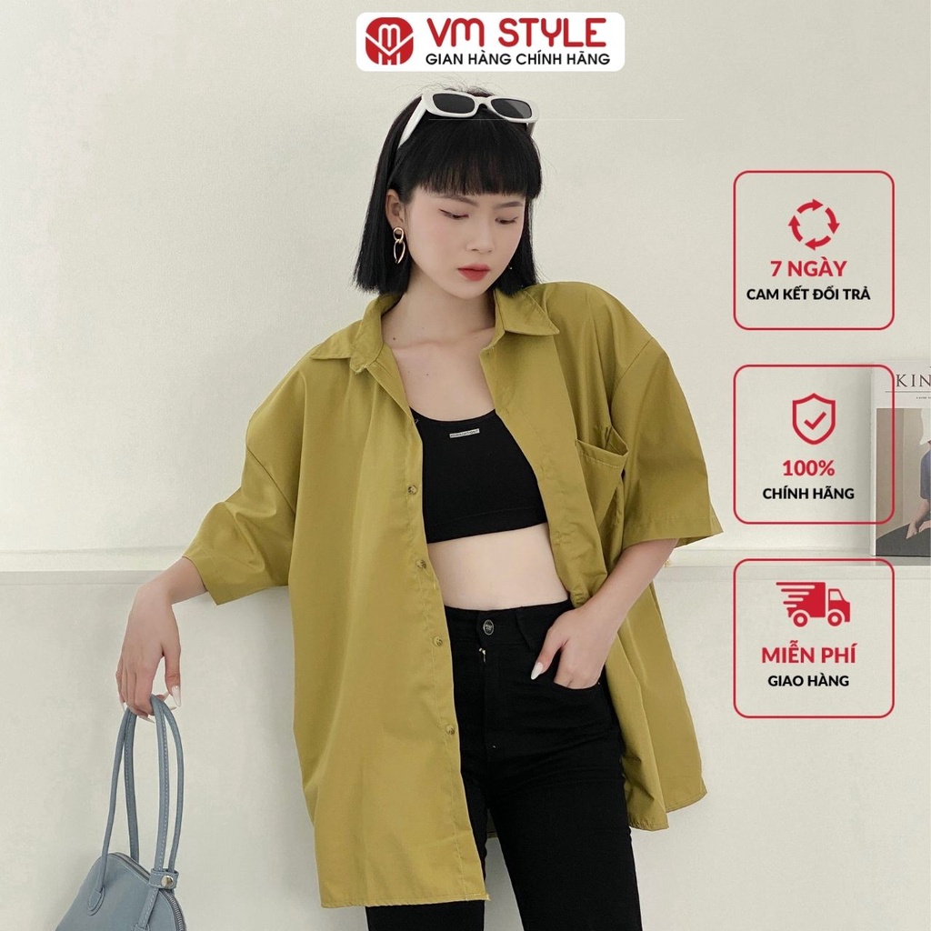 Áo sơ mi nữ form rộng VM STYLE tay ngắn 1 túi vạt ngang khoác ngoài 22SU03EP1602