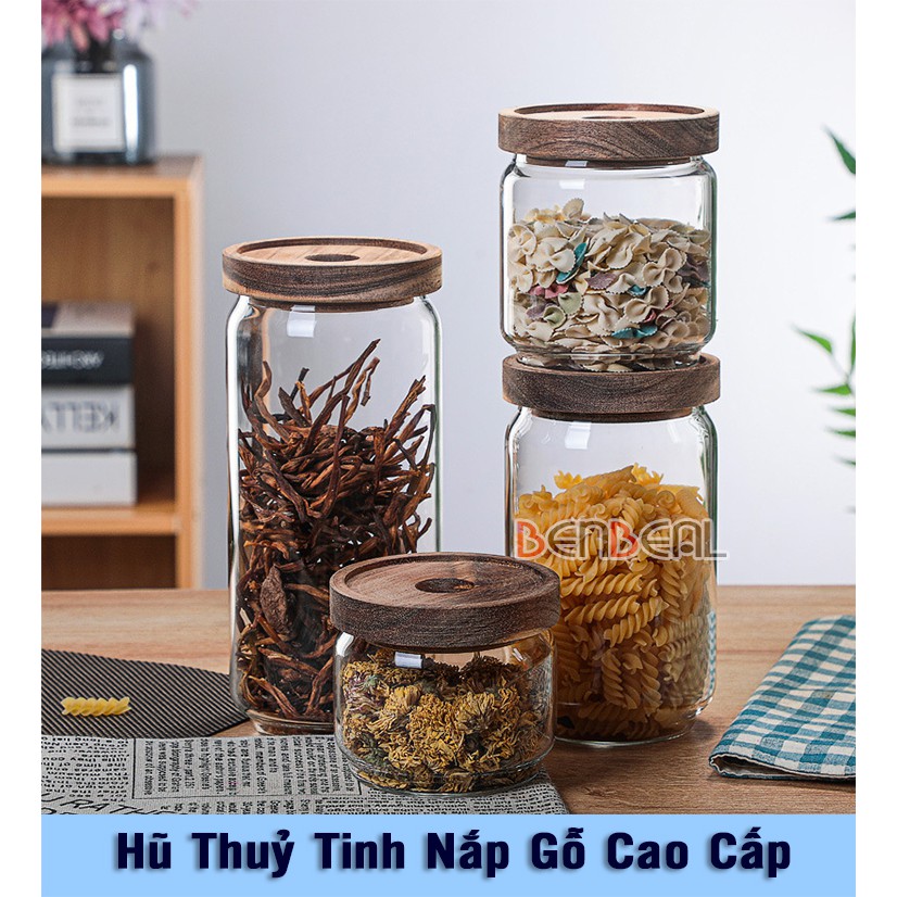 Hũ Thủy Tinh Nắp Gỗ Đục Lỗ, Lọ Thủy Tinh, Hộp Thủy Tinh Nắp Gỗ Cao Cấp 280ml 500ml 800ml 1000ml 1300ml 1600ml