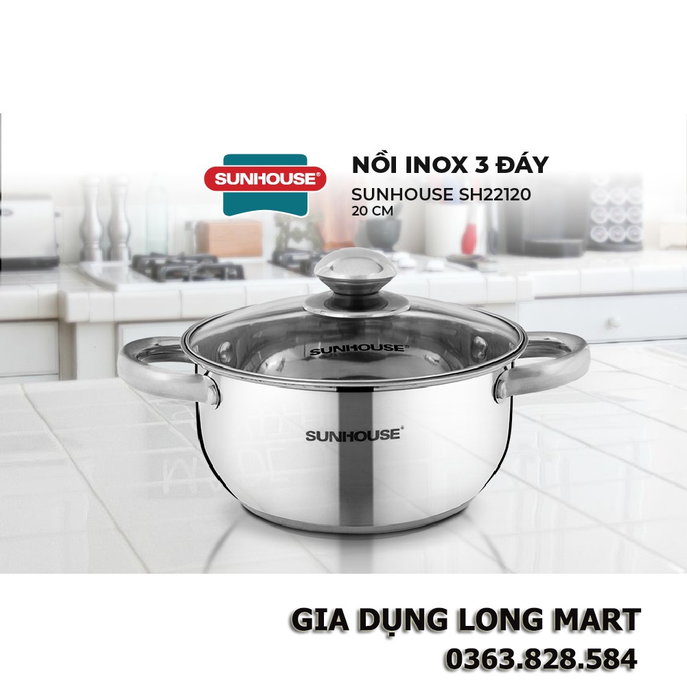Nồi inox 3 đáy SUNHOUSE SH22120 vung kính đáy từ size 20cm