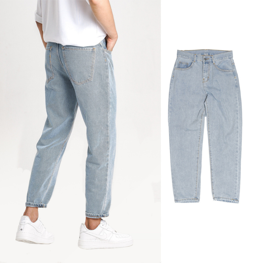 Quần Jean baggy Nam, nữ, quan bò jeans xanh trơn, ống suông, đứng, style Hàn Quốc phom rộng TR01