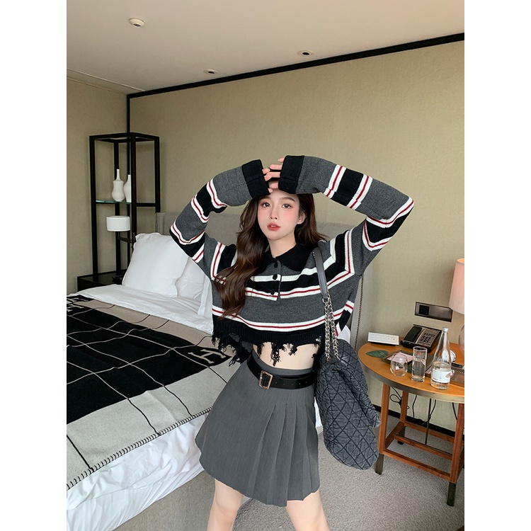 Áo sweater Tay Dài Kẻ Sọc Màu Sắc Tương Phản Phối Tua Rua Phong Cách retro Mỹ Cho Nữ
