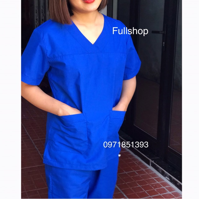 Bộ scrubs quần áo blouse cổ tim nam nữ màu xanh dương đậm - bộ đồng phục cổ tim bác sĩ, thẩm mỹ viện, spa