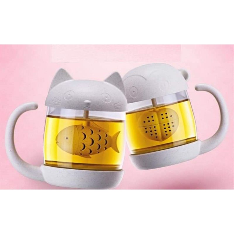 Ly thủy tinh pha trà có nắp hình mèo,,,