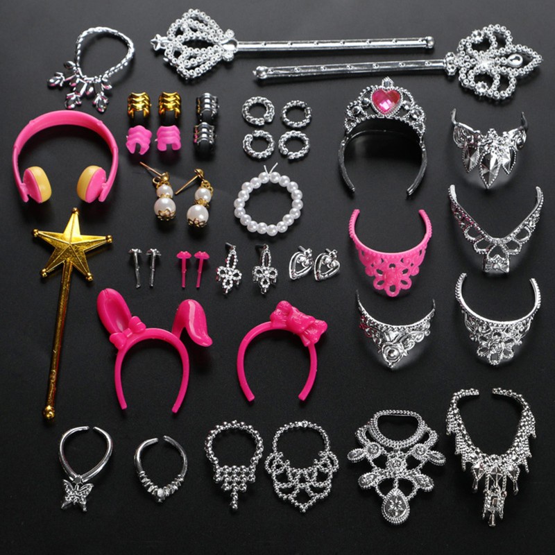 38pcs/Set Barbi for Doll Accessories Simulation Jewelry Necklace Crown Earrings