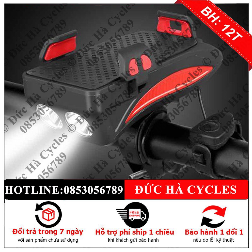 Đèn còi xe đạp 4 chức năng ( đèn - còi- giá đỡ điện thoại- pin sạc dự phòng)