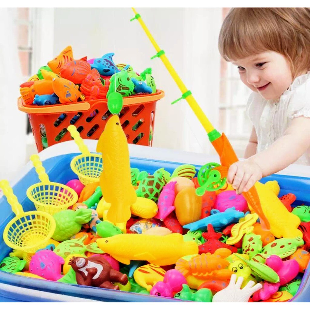 Đồ chơi Câu cá nam châm cho bé trong nước và trên cạn gồm Bể hơi cỡ lớn+Cần câu+Bơm+Cá