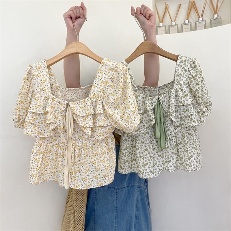 Áo Voan Tay Ngắn Cổ Vuông In Họa Tiết Hoa Nhí Xinh Xắn Thời Trang Hè Cho Nữ