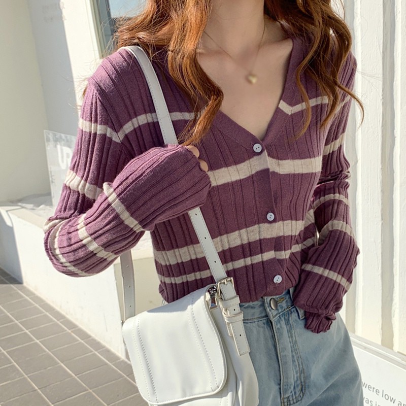 Áo cardigan dài tay dệt kim họa tiết sọc ngang cho nữ | BigBuy360 - bigbuy360.vn