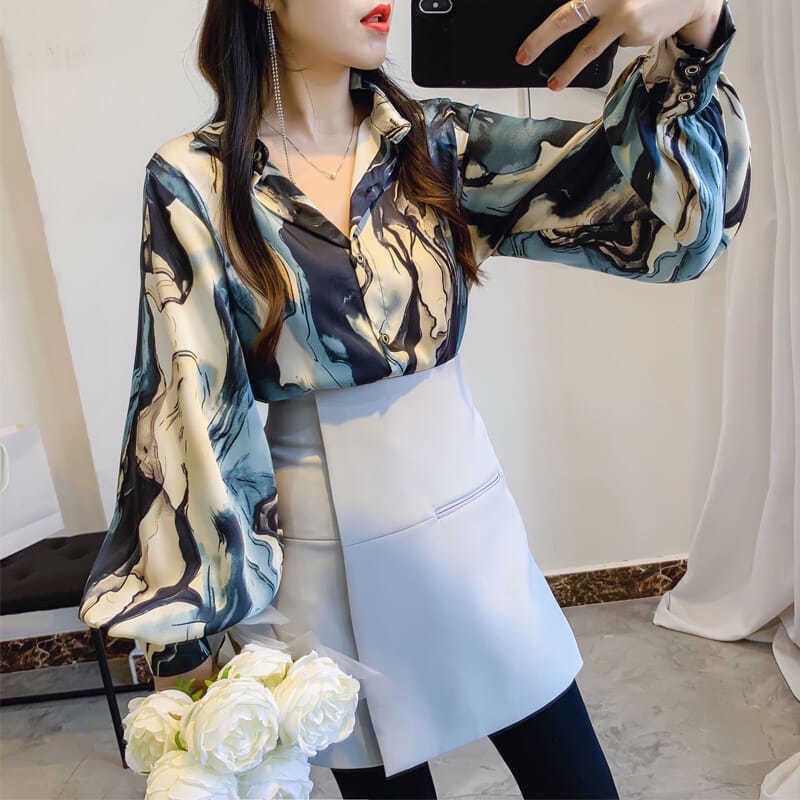 Áo Sơ Mi Chiffon Tay Dài In Họa Tiết Phong Cách Phương Tây Thời Trang Mùa Thu Mới Cho Nữ