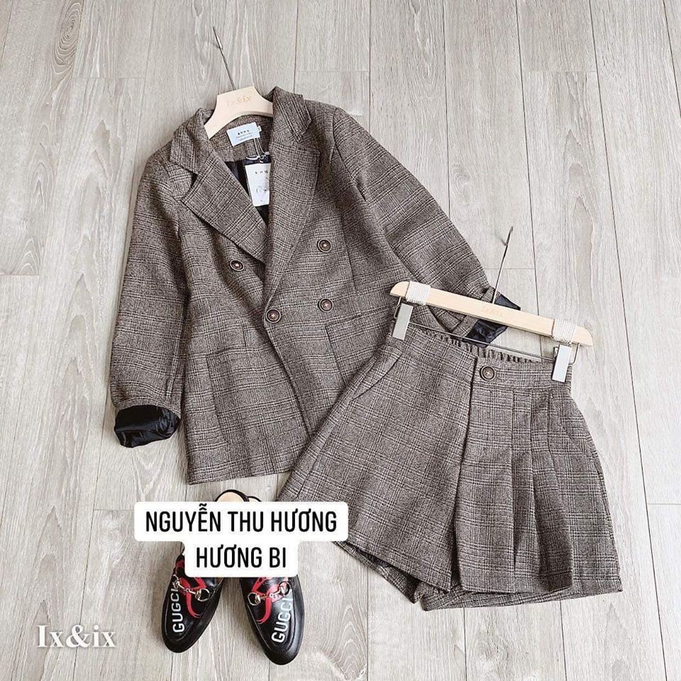 Set 2 món Vest kẻ dạ mix quần sooc xếp ly siêu sang