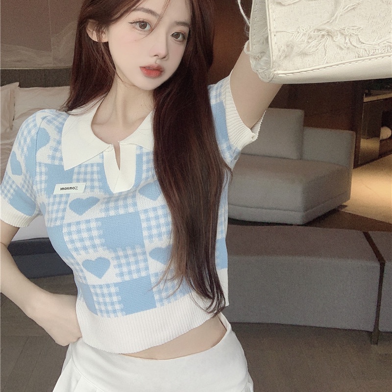 Áo polo SUXI dệt kim tay ngắn họa tiết sọc caro thời trang mùa hè cho nữ