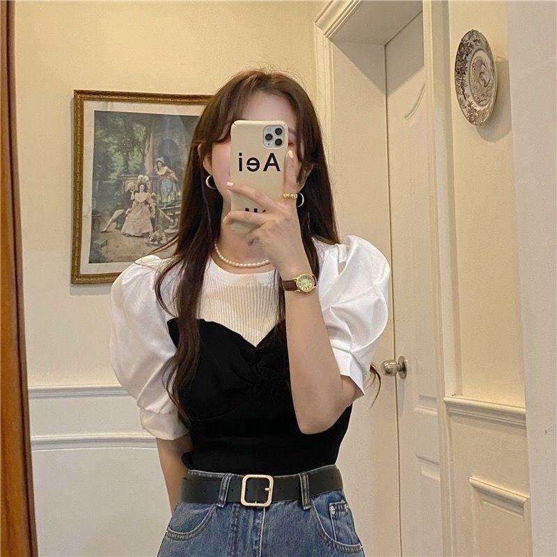 Áo thun tay ngắn phồng vải lụa băng phong cách retro thời trang mùa hè cho nữ