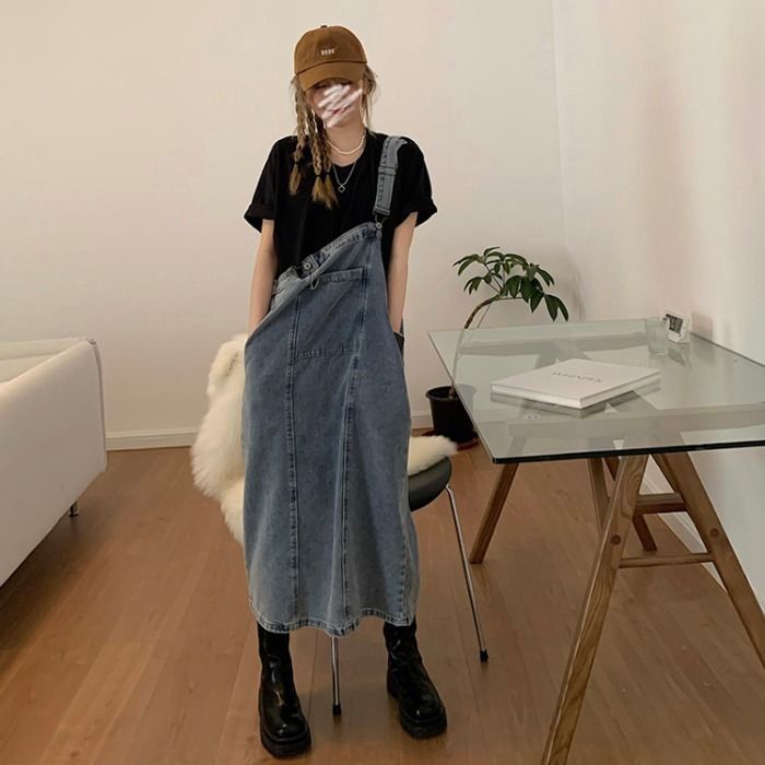 Đầm Yếm Denim Dáng Rộng Dài Qua Gối Có Túi Xẻ Tà Sau Lưng Thời Trang Xuân Hè