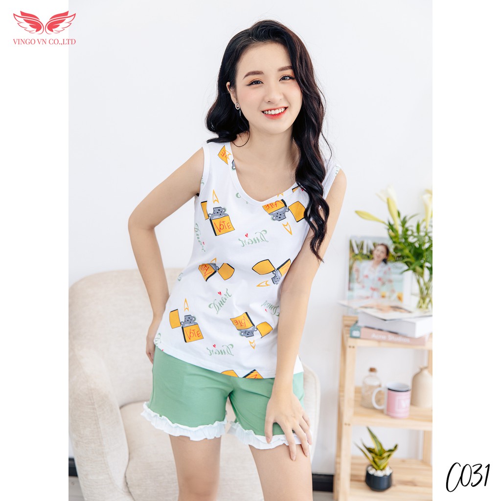 Đồ Bộ Nữ Pijama Mặc Nhà VINGO Chất Cotton Thoáng Mát Áo Ba Lỗ Sát Nách Họa Tiết Quần Cộc Xanh Viền Bèo Mùa Hè C031 VNGO