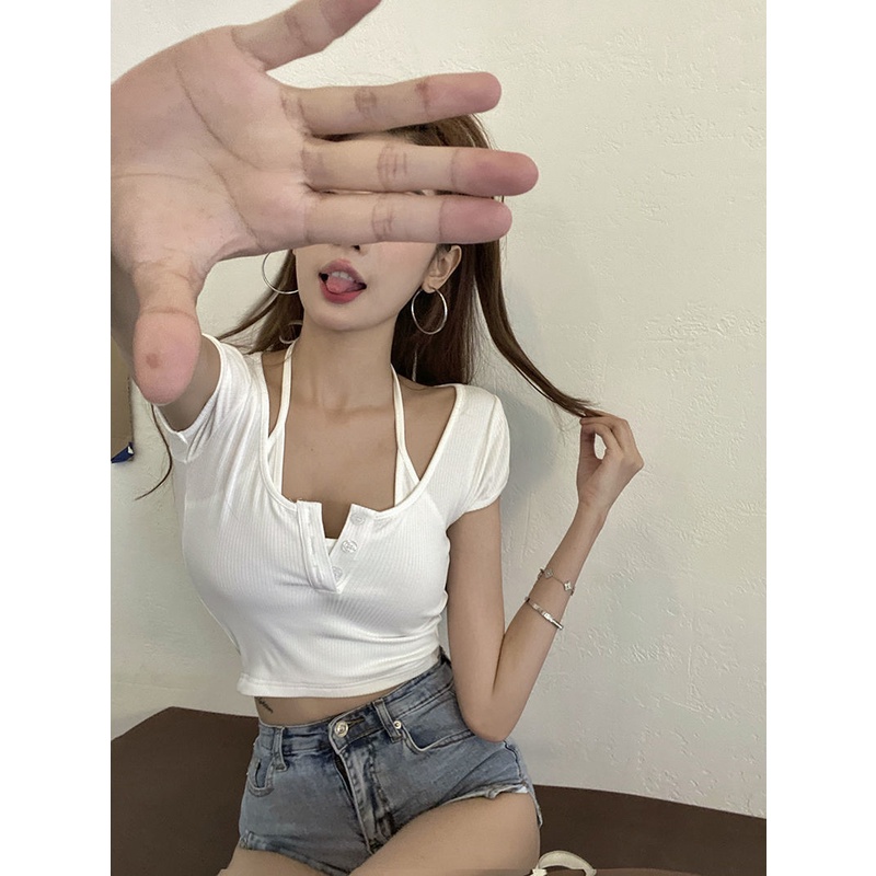 Happy-store ❤️ Áo croptop nữ kiểu hàn quốc cổ yếm 2 lớp HappyStore, áo phông crt ôm body cài khuy cotton 100% màu đen tr