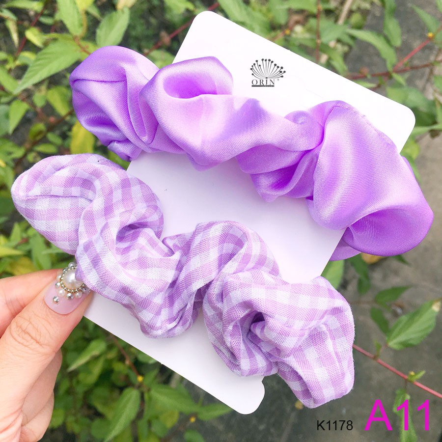 Set 2 dây buộc tóc, dây cột tóc scrunchies caro phi bóng siêu xinh Orin K1178 K1179