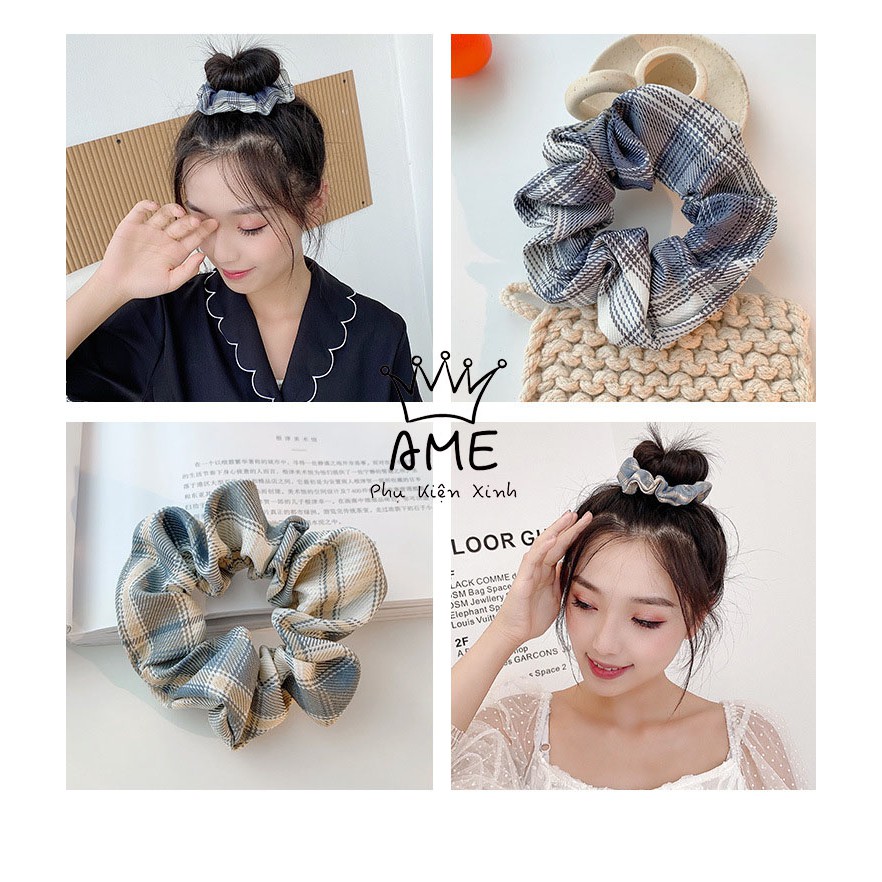 Dây buộc tóc Scrunchies, Họa Tiết Caro Vintage Hàn Quốc, Chun Buộc Tóc Scrunchies Cứng