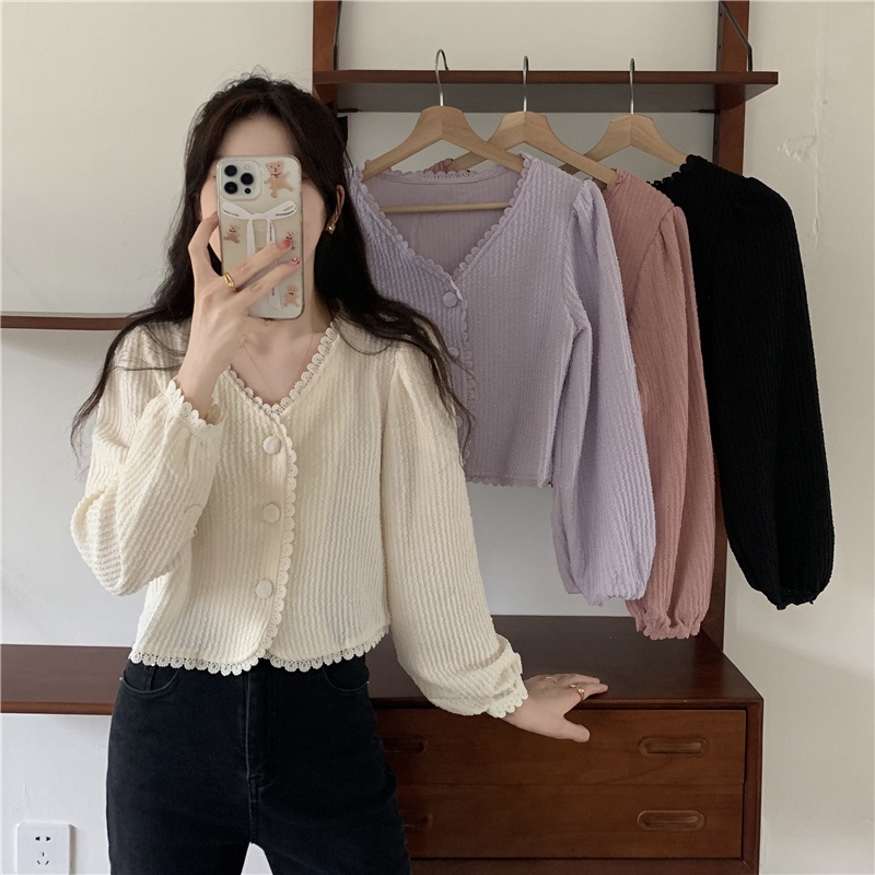 Áo Cardigan Ngắn Cổ Chữ V Phối Ren Phong Cách Pháp Thời Trang Mùa Thu Cho Nữ
