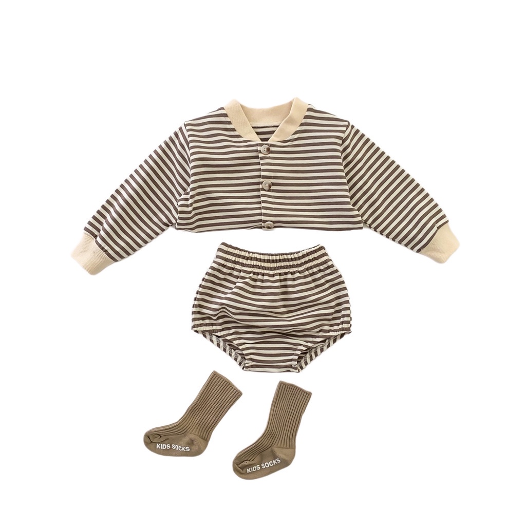 Bộ Áo Thun Tay Dài Kẻ Sọc + Quần Short 2 Món Cho Bé Trai Sơ Sinh