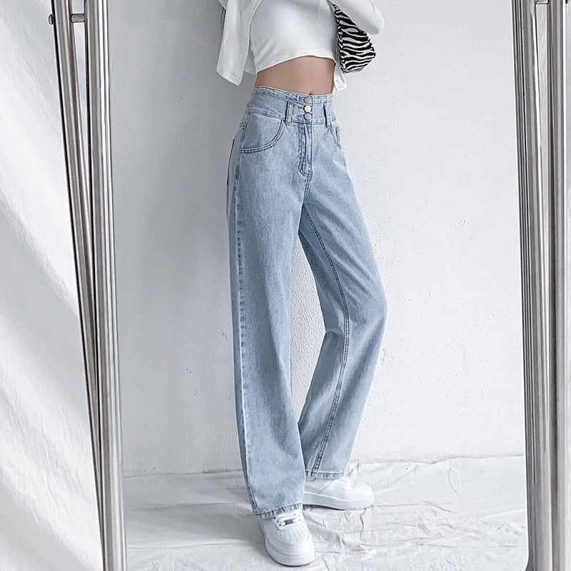 [VIDEO] QUẦN JEANS ỐNG RỘNG NỮ LƯNG CAO 3 NÚT LƯNG XẺ PHỐI CHÉO NHÂN SAU MÀU XANH NHẠT, XANH ĐẬM LAI CUỐN FORM DÀI RỘNG