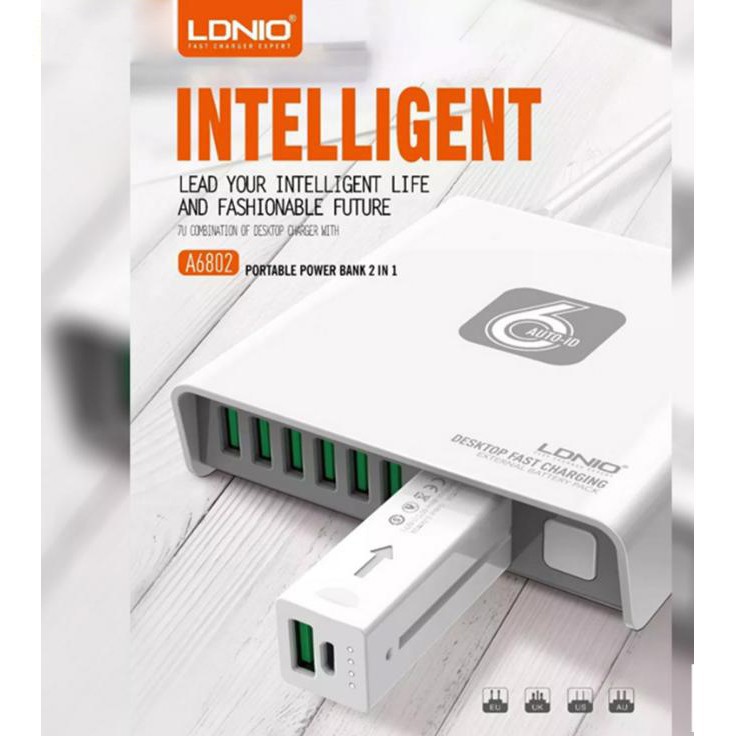 Bộ sạc kèm pin dự phòng 2600mAh LDNIO A6802 (6 cổng USB)