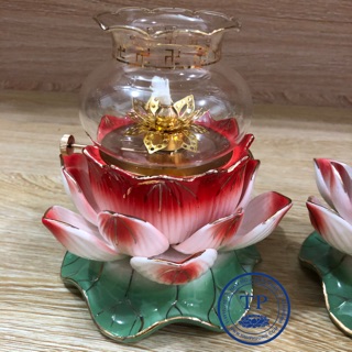 Combo 2 đèn thờ đốt dầu mẫu hoa sen đế xanh