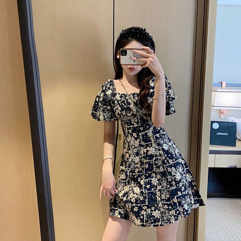 Đầm hoa nhí , váy chữ a ngắn , cổ vuông , tay bồng tiểu thư phong cách Hàn Quốc | BigBuy360 - bigbuy360.vn