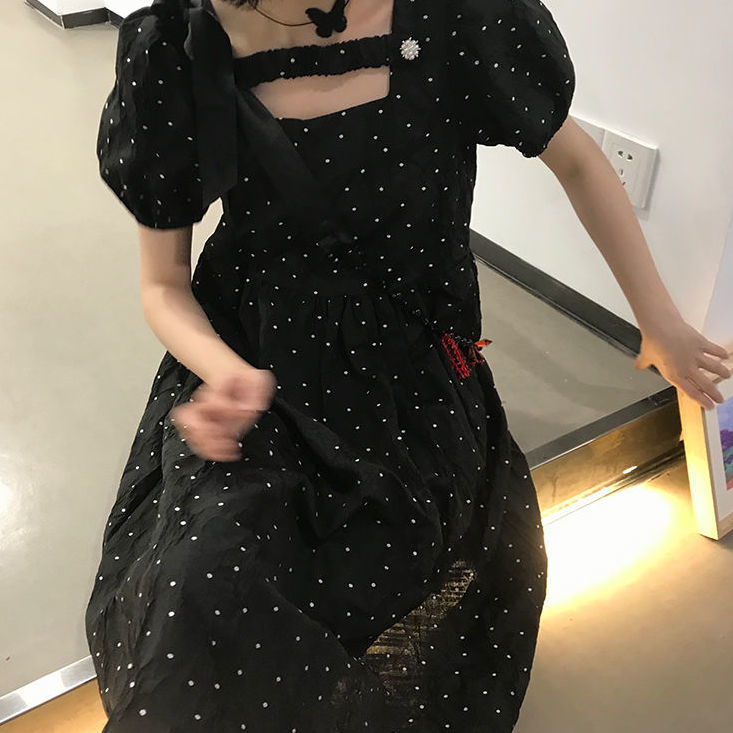 Đầm tay phồng cổ vuông lưng cao phong cách Retro Pháp thời trang cho nữ