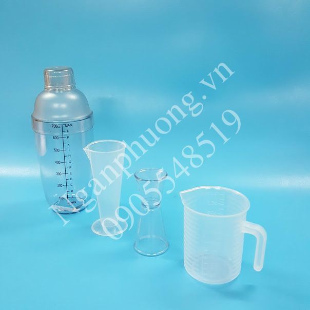 Bộ 4 dụng cụ đong pha chế (Shaker 700ml in, Ly 100ml, Ly 250ml, Ly 2 đầu)