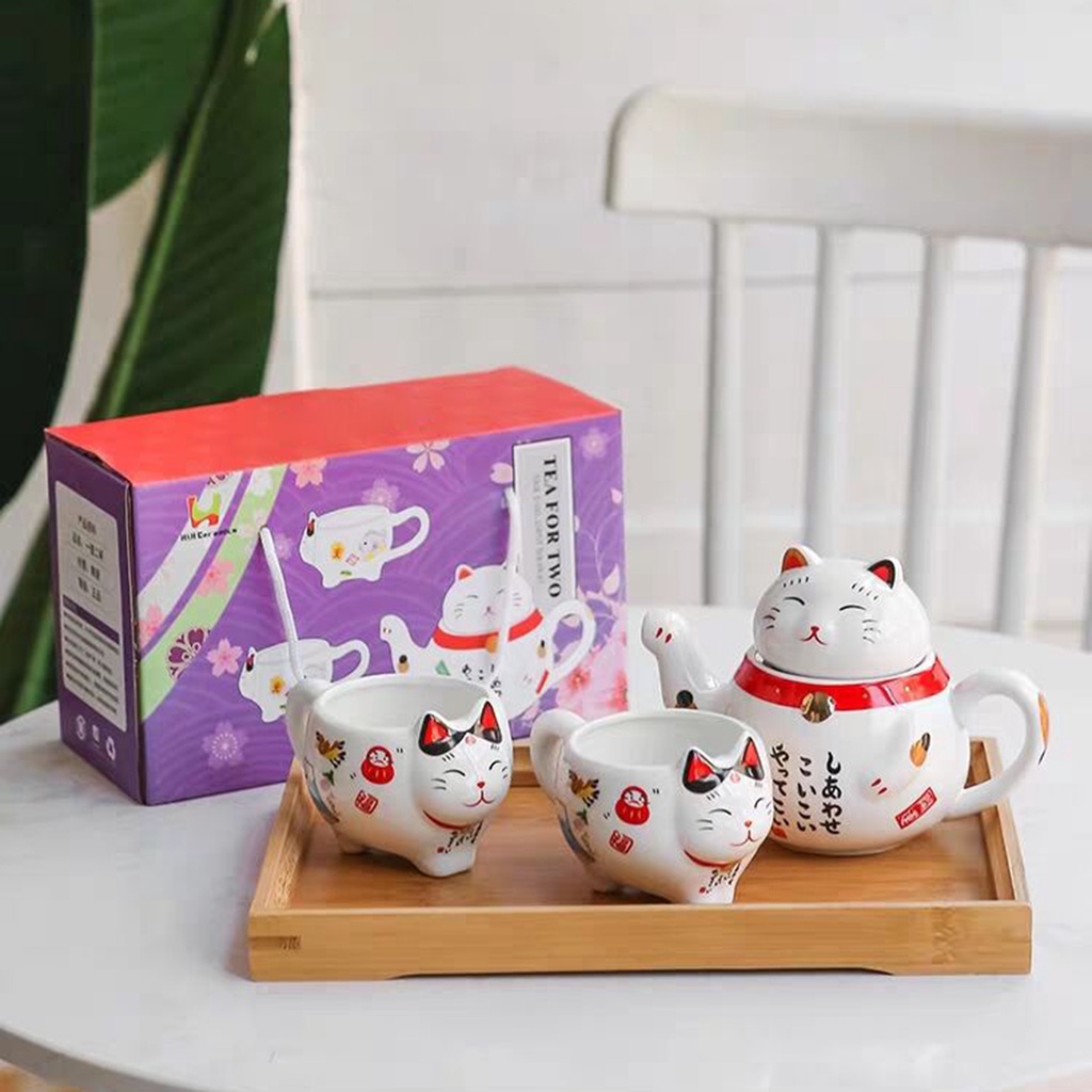 Ấm trà bằng gốm sứ hình mèo neko đáng yêu 320ml