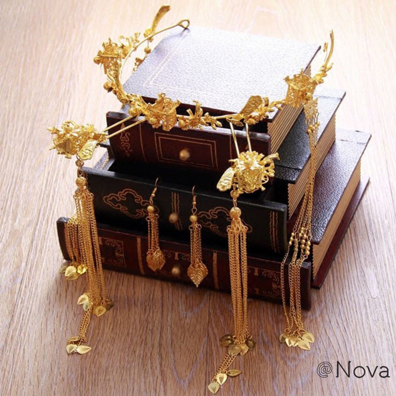 Nova Set Phụ Kiện Cài Tóc + Vương Miện + Cài Tóc Hình Rồng / Phượng Hoàng Phong Cách Trung Hoa Cổ Điển Cho Cô Dâu