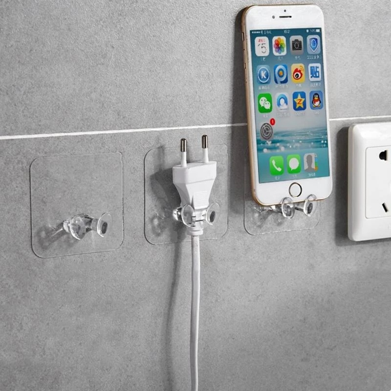 Giá Đỡ Phích Cắm Điện Usb Tiện Dụng Móc trong suốt không thấm nước, Không có dấu, Giá đỡ dán tường miễn phí đóng đinh