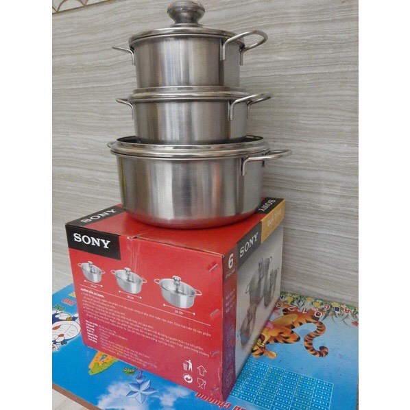 Bộ nồi inox 3 nồi 6 món nắp kính cường lực size 16, 18, 24cm
