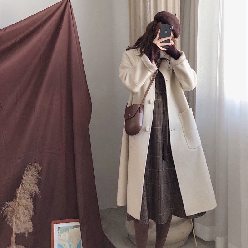 Áo dạ cúc tròn 2 lớp chần bông siêu ấm áp phong cách hàn quốc 2 màu trắng kem và đen