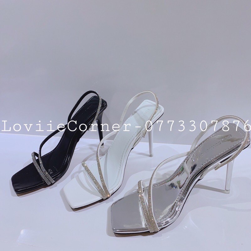 LOVIIECORNER - SANDAL CAO GÓT QUAI MẢNH ĐẾ 9 PHÂN - SANDAL CAO GÓT 9CM DÂY MẢNH ĐÍNH ĐÁ 9 PHÂN - TRẮNG ĐEN BẠC - G210103