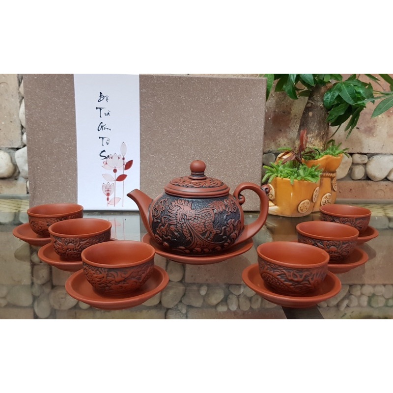 Ấm chén Tử sa-đất đỏ Bát Tràng,hàng chuẩn 100%,giá nhà lò.bộ Kỳ Lân đắp nổi