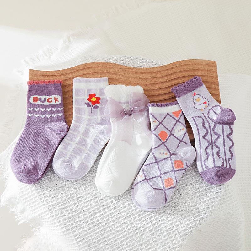 Set 5 Đôi Tất Cotton Mềm Mại Co Giãn Giữ Ấm Mùa Đông Cho Bé Gái