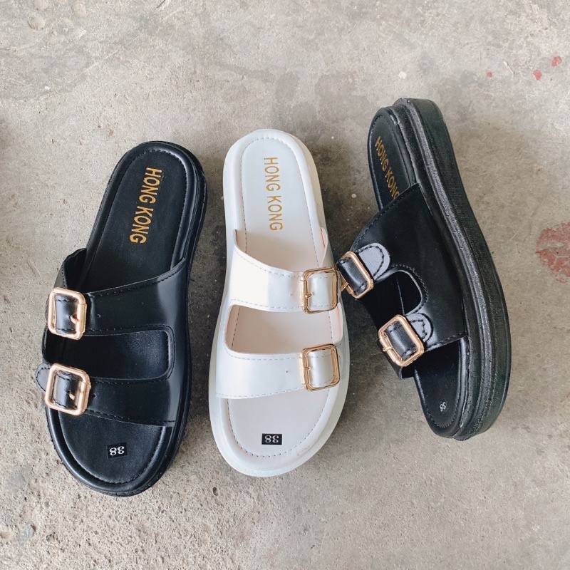sandal 2 quai mẫu mới trắng và đen bằng da khoá cài (2CM SANDAL 2 QUAI )