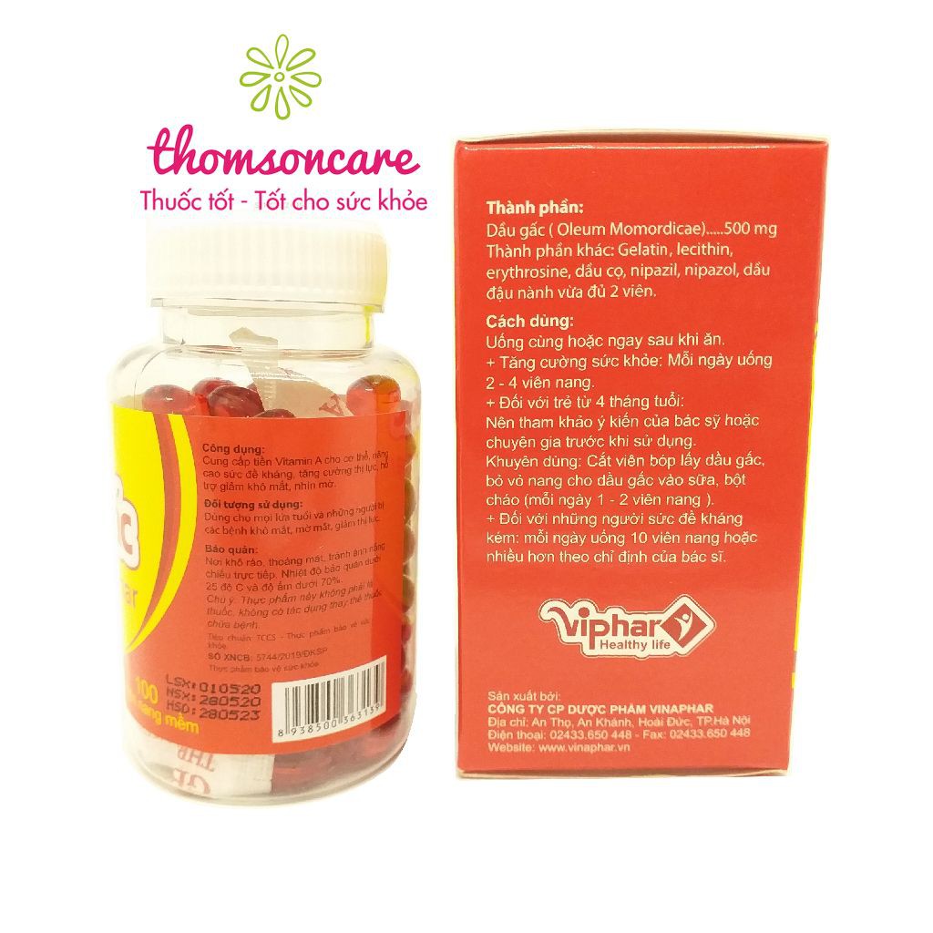 Viên uống Dầu gấc DHA Viphar - bổ sung vitamin A, cải thiện thị lực, giúp làm đẹp da - Lọ 100 viên