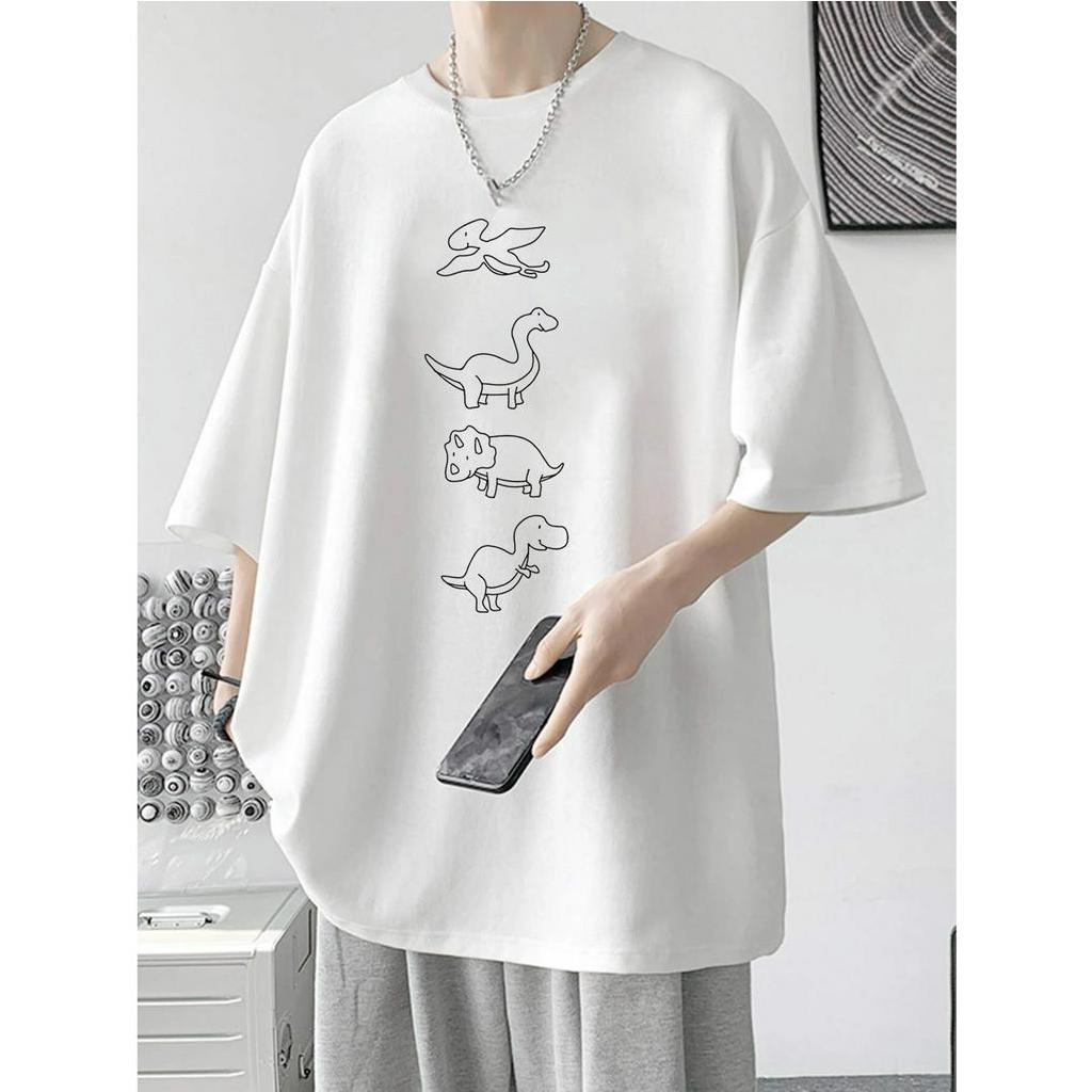 Áo thun unisex nam nữ tay lỡ form rộng 4 con khủng long in phản quang đẹp