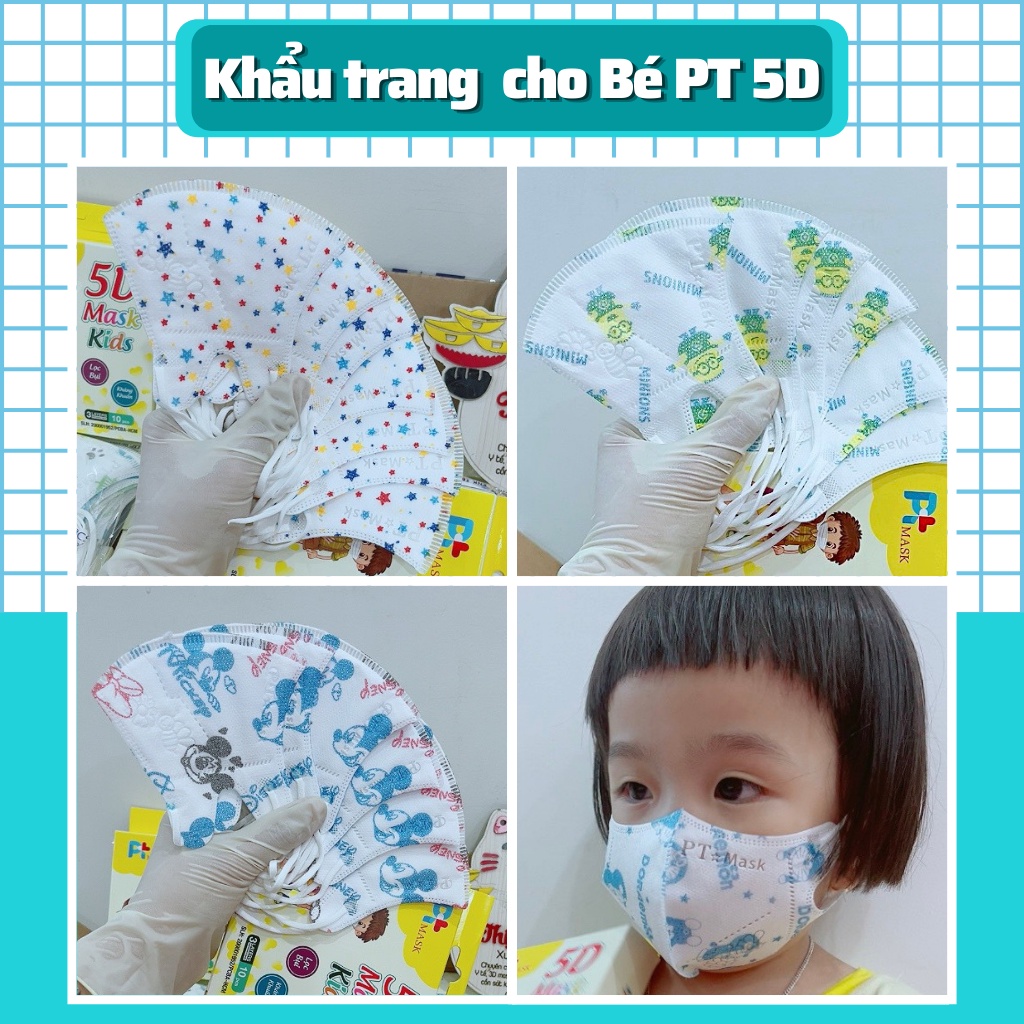 Khẩu trang trẻ em, khẩu trang em bé 5D Mask Kids cao cấp kháng khuẩn chính hãng hộp 10 cái